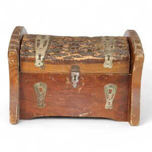 Vintage Rustic Wood & Metal Locking Trunk Jewelry Box With Bark Lid